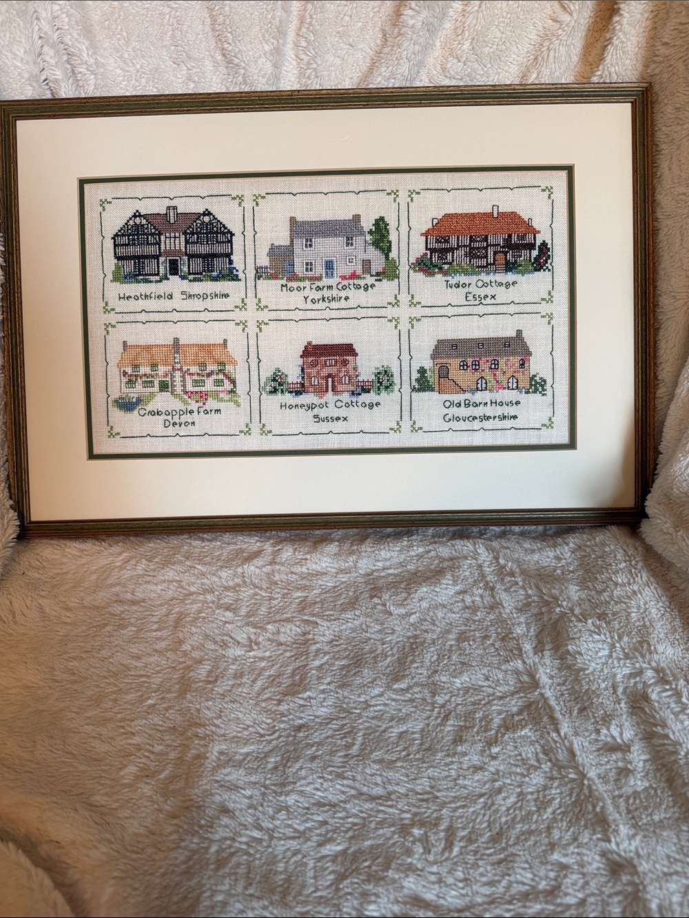 Vintage Framed Cottage Cross-Stitch in Green, Beige, Brown, Red